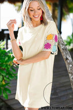 Cream Crochet Floral Sleeve T Shirt Dress
