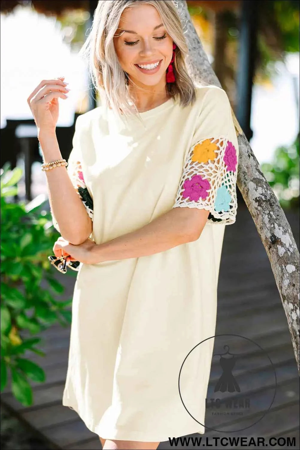 Cream Crochet Floral Sleeve T Shirt Dress