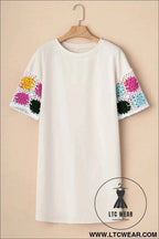 Cream Crochet Floral Sleeve T Shirt Dress