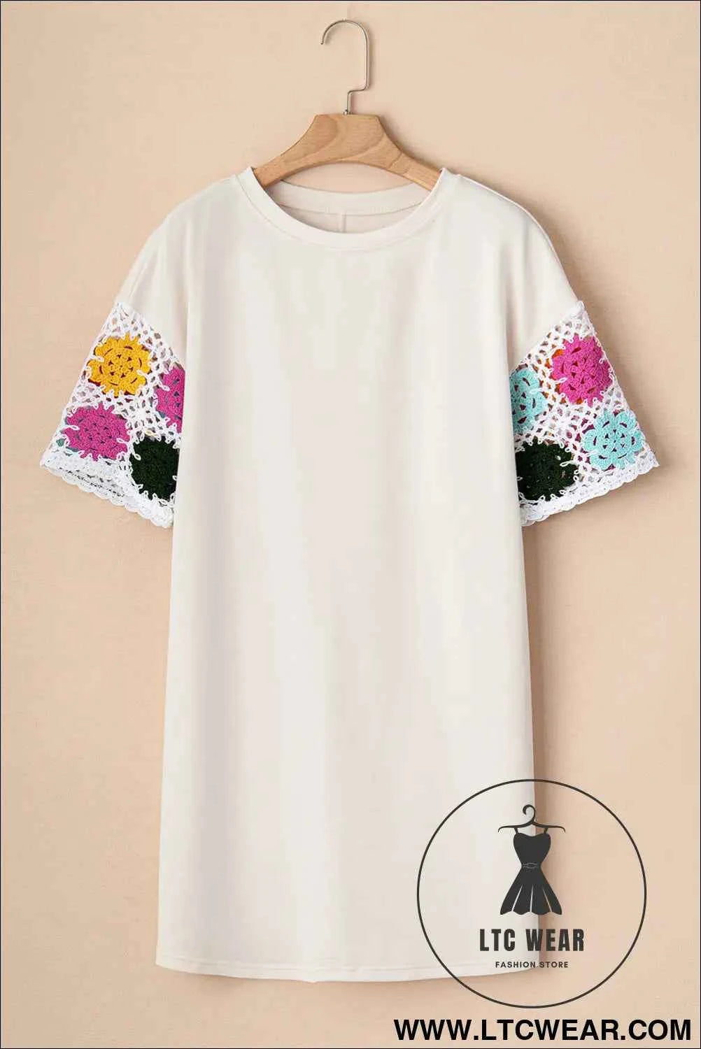 Cream Crochet Floral Sleeve T Shirt Dress