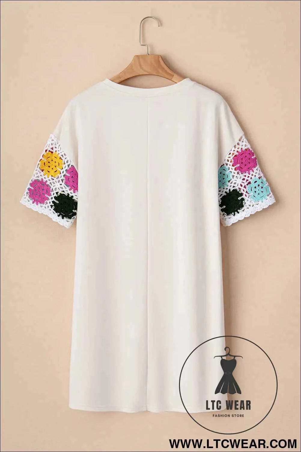 Cream Crochet Floral Sleeve T Shirt Dress