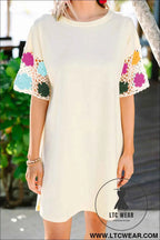 Cream Crochet Floral Sleeve T Shirt Dress