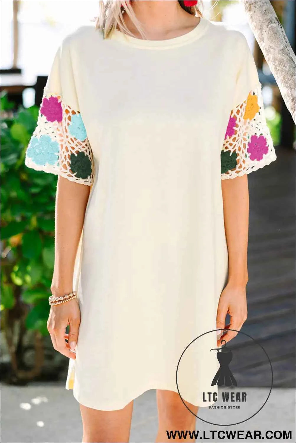 Cream Crochet Floral Sleeve T Shirt Dress