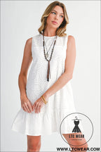 White floral eyelet embroidered sleeveless shift dress - white / l / 100% cotton - mini dresses