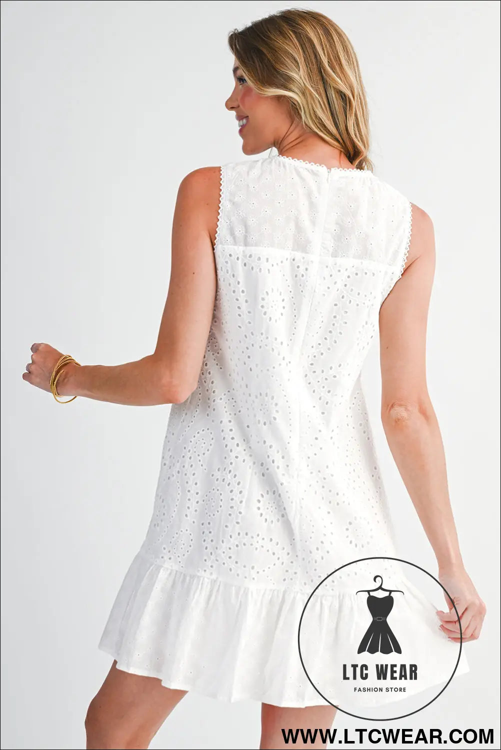 White floral eyelet embroidered sleeveless shift dress - mini dresses