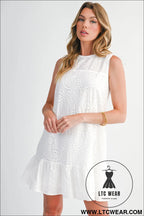 White floral eyelet embroidered sleeveless shift dress - mini dresses