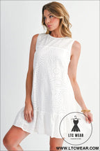 White floral eyelet embroidered sleeveless shift dress - mini dresses