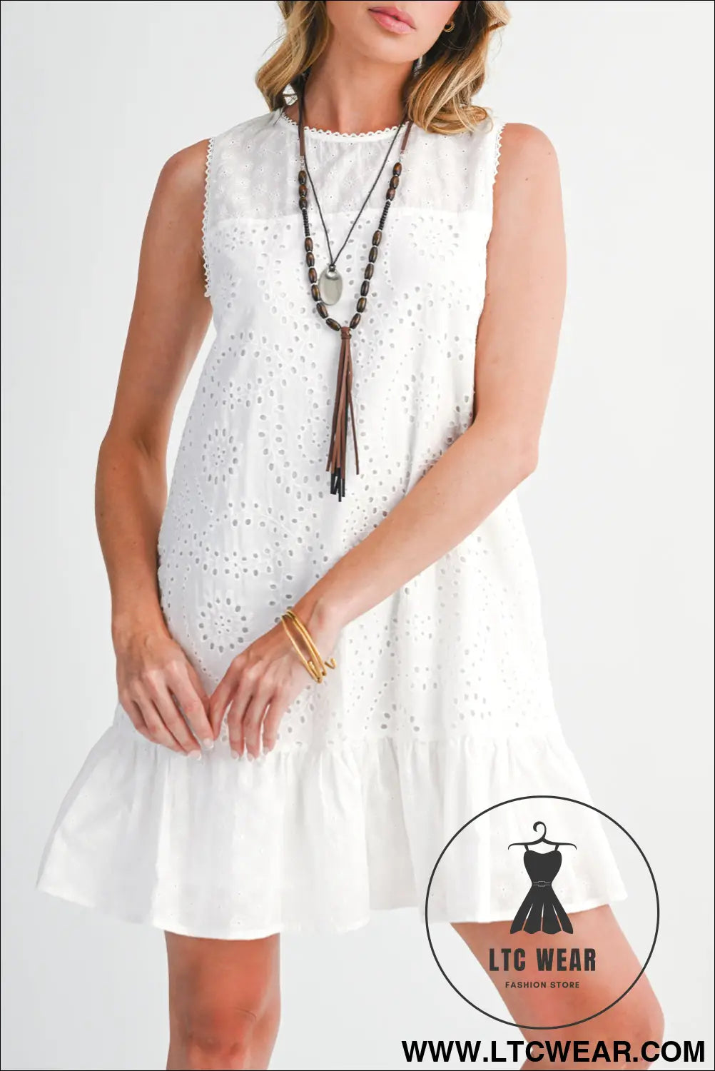 White floral eyelet embroidered sleeveless shift dress - mini dresses