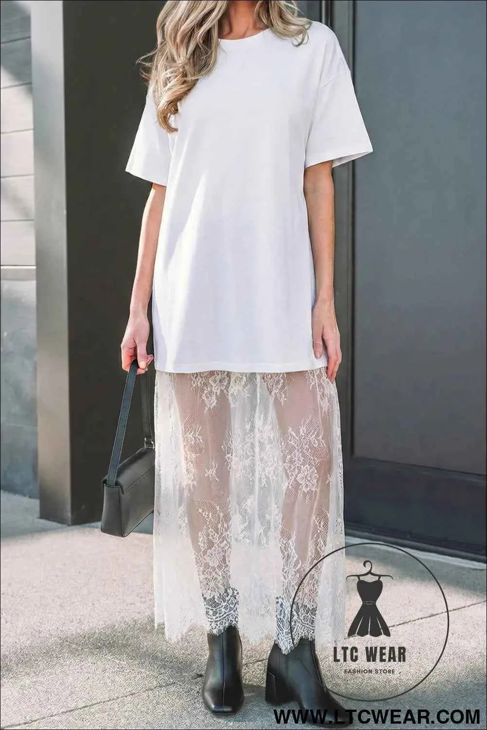 White Floral Patchwork Short Sleeve T Shirt Loose Maxi Dress