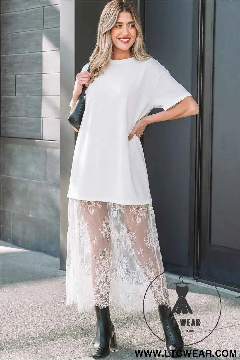 White Floral Patchwork Short Sleeve T Shirt Loose Maxi Dress