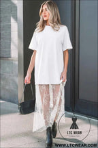 White Floral Patchwork Short Sleeve T Shirt Loose Maxi Dress
