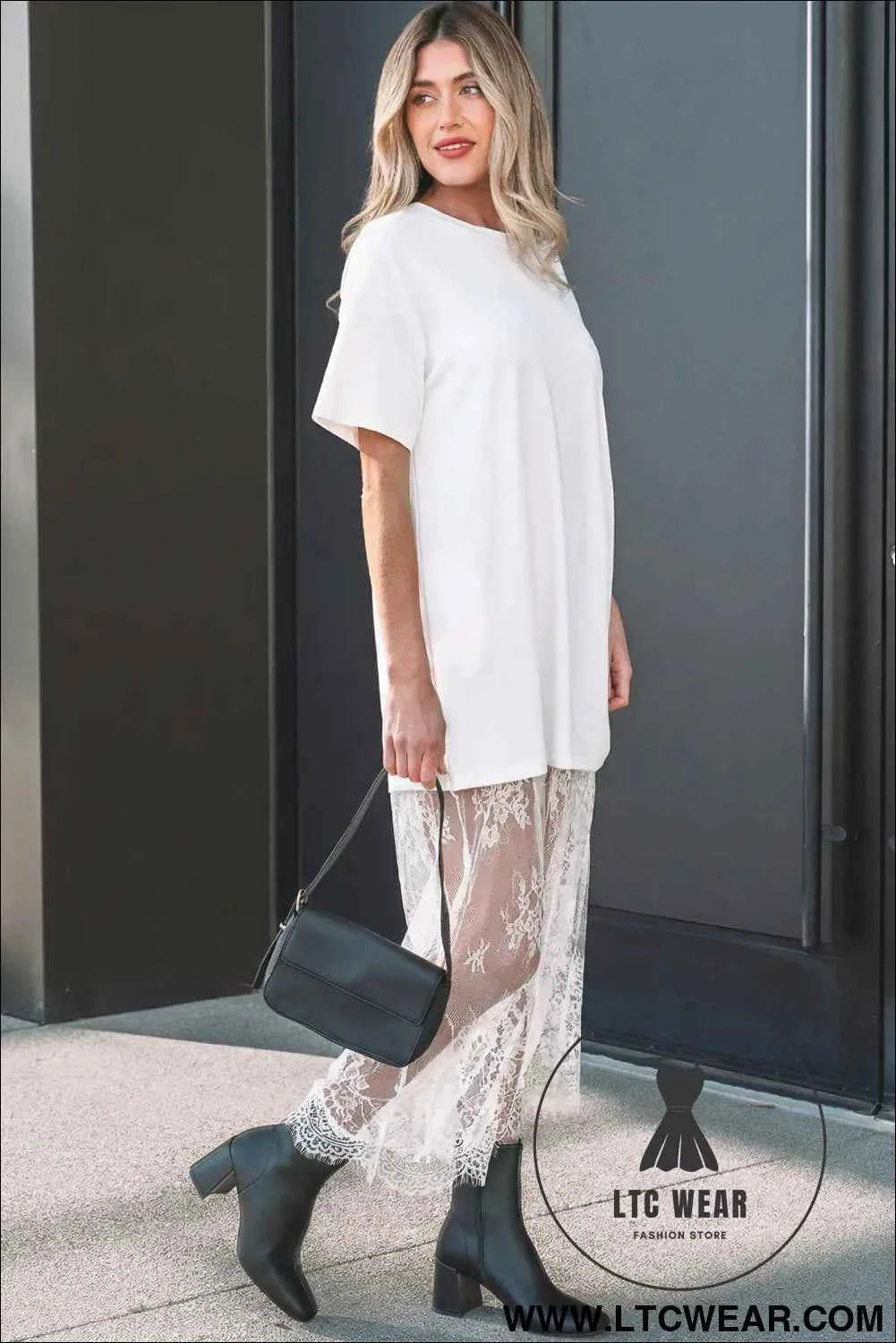 White Floral Patchwork Short Sleeve T Shirt Loose Maxi Dress