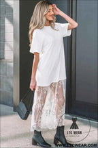 White Floral Patchwork Short Sleeve T Shirt Loose Maxi Dress