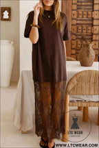 White Floral Patchwork Short Sleeve T Shirt Loose Maxi Dress