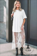 White Floral Patchwork Short Sleeve T Shirt Loose Maxi Dress