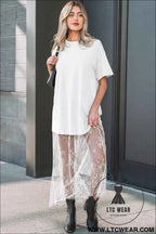 White Floral Patchwork Short Sleeve T Shirt Loose Maxi Dress
