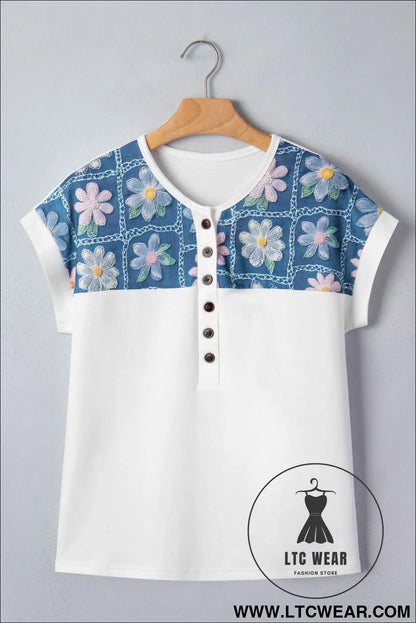 White Floral Patchwork Short Sleeve Viscose Blend Blouse