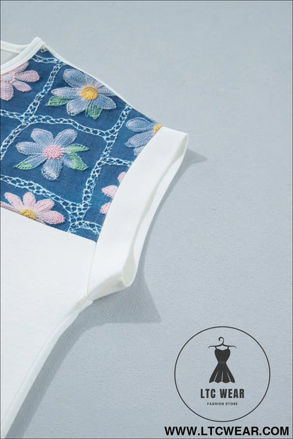 White Floral Patchwork Short Sleeve Viscose Blend Blouse - L.T.C Wear Online Fashion Store