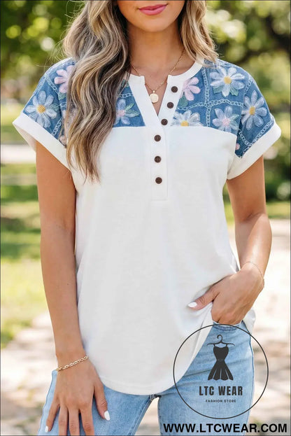 White Floral Patchwork Short Sleeve Viscose Blend Blouse