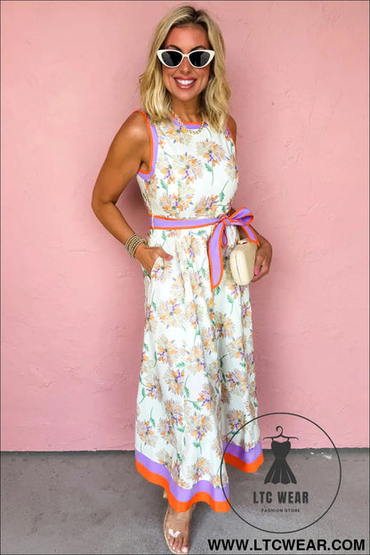 White floral print color block trim belted sleeveless maxi dress - floral dresses