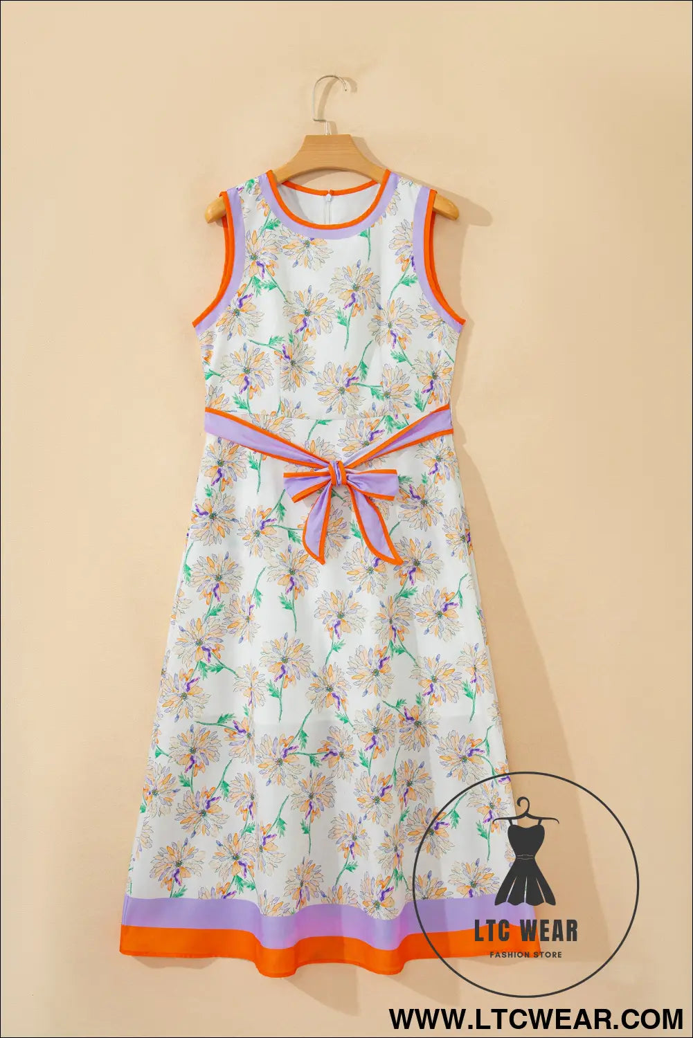 White floral print color block trim belted sleeveless maxi dress - floral dresses