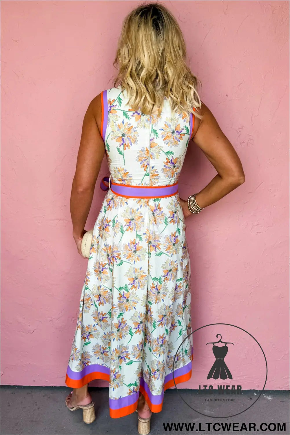 White floral print color block trim belted sleeveless maxi dress - floral dresses
