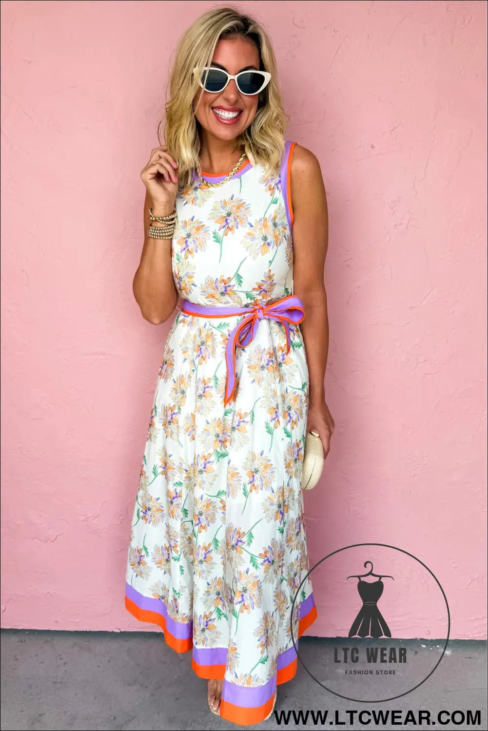 White floral print color block trim belted sleeveless maxi dress - floral dresses