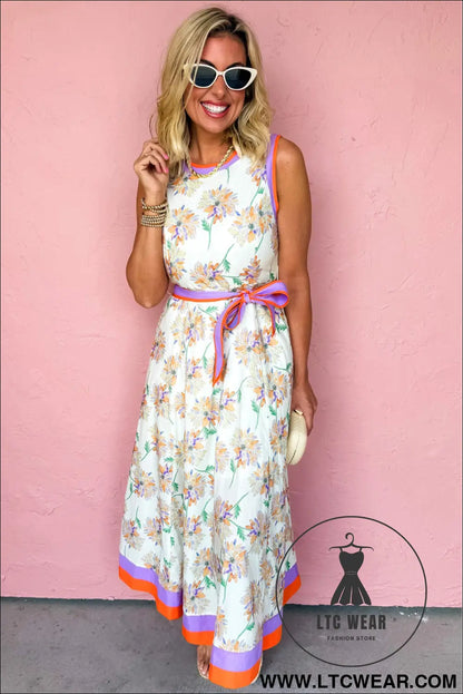 White floral print color block trim belted sleeveless maxi dress - floral dresses