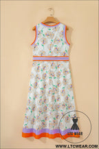 White floral print color block trim belted sleeveless maxi dress - floral dresses