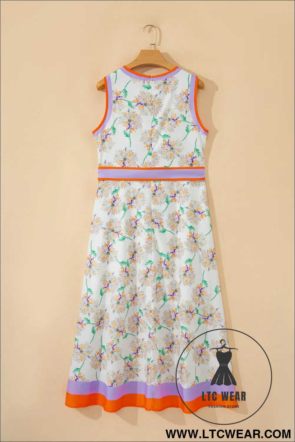 White floral print color block trim belted sleeveless maxi dress - floral dresses