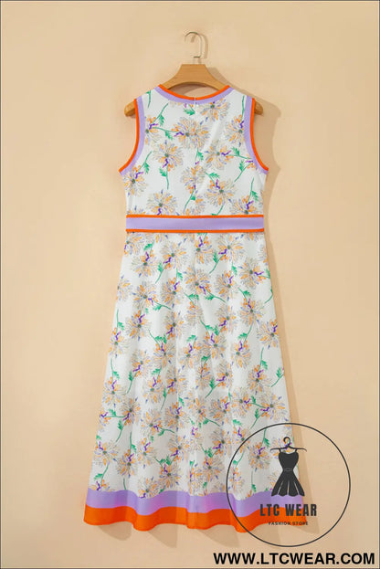 White floral print color block trim belted sleeveless maxi dress - floral dresses