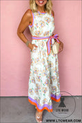White floral print color block trim belted sleeveless maxi dress - white / l / 100% polyester - floral dresses