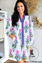 White Floral Print Contrast Striped Trim Notched Neck Long Sleeve Dress