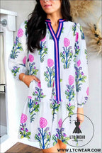 White Floral Print Contrast Striped Trim Notched Neck Long Sleeve Dress