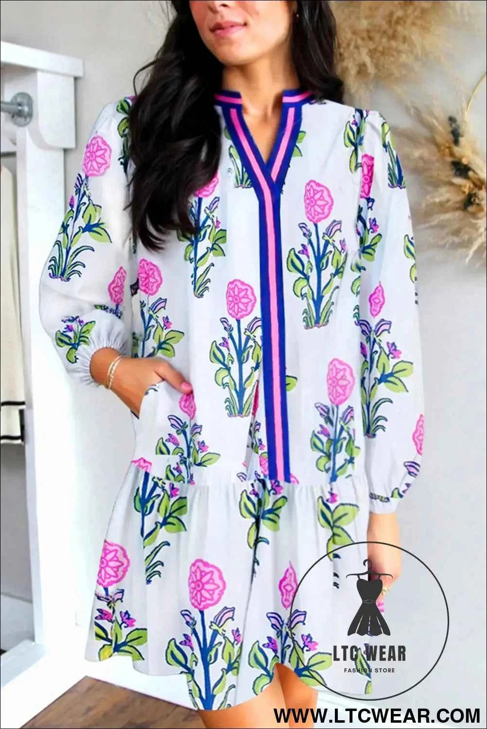 White Floral Print Contrast Striped Trim Notched Neck Long Sleeve Dress