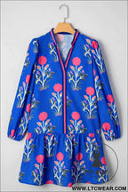 White Floral Print Contrast Striped Trim Notched Neck Long Sleeve Dress