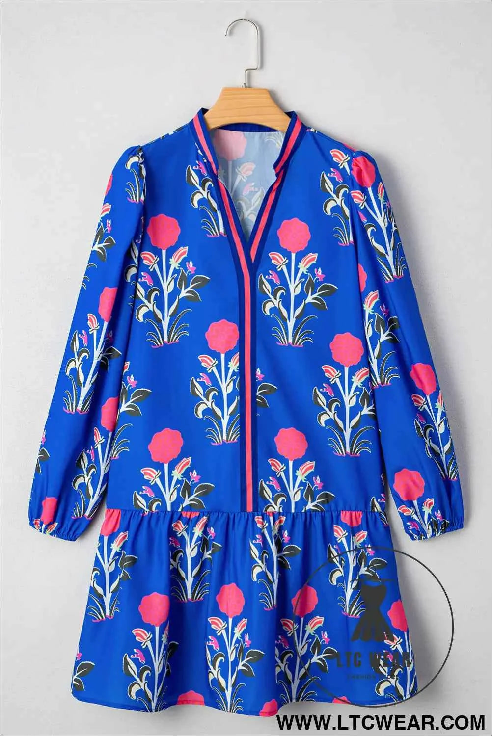 White Floral Print Contrast Striped Trim Notched Neck Long Sleeve Dress