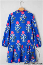 White Floral Print Contrast Striped Trim Notched Neck Long Sleeve Dress