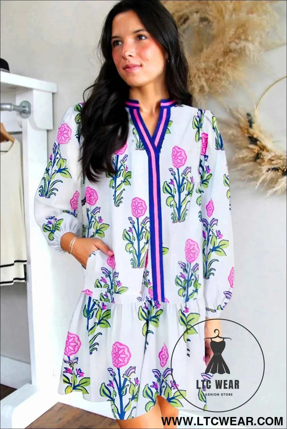 White Floral Print Contrast Striped Trim Notched Neck Long Sleeve Dress