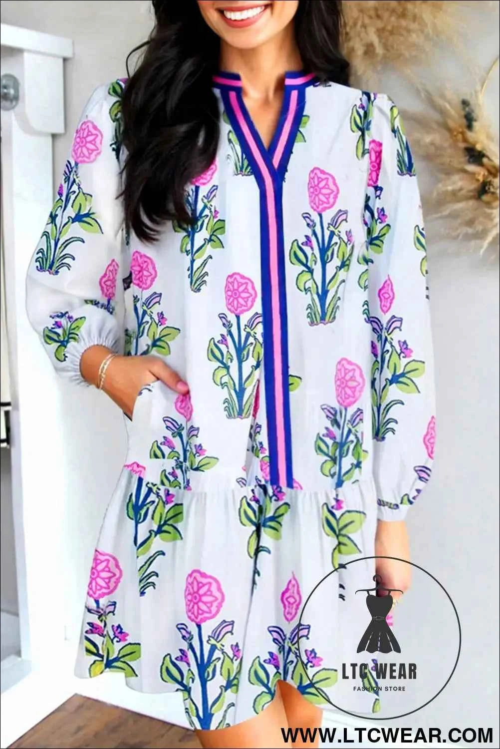 White Floral Print Contrast Striped Trim Notched Neck Long Sleeve Dress