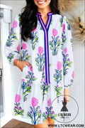 White Floral Print Contrast Striped Trim Notched Neck Long Sleeve Dress