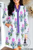 White Floral Print Contrast Striped Trim Notched Neck Long Sleeve Dress