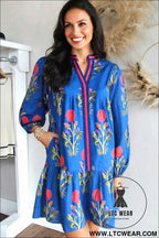 White Floral Print Contrast Striped Trim Notched Neck Long Sleeve Dress