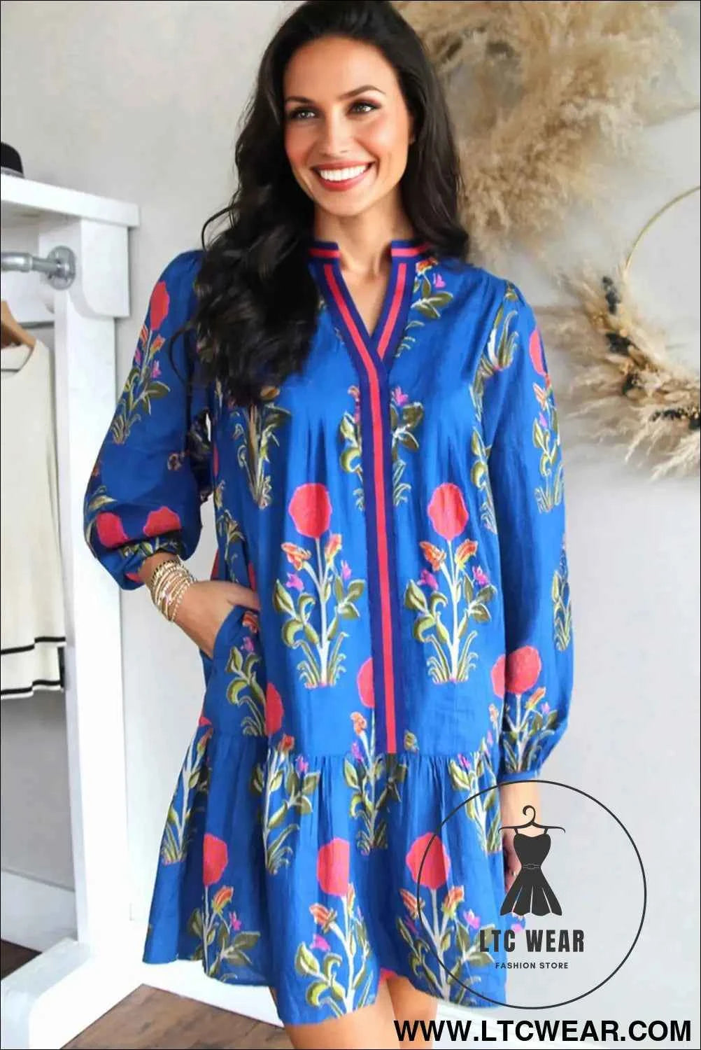 White Floral Print Contrast Striped Trim Notched Neck Long Sleeve Dress