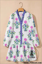 White Floral Print Contrast Striped Trim Notched Neck Long Sleeve Dress
