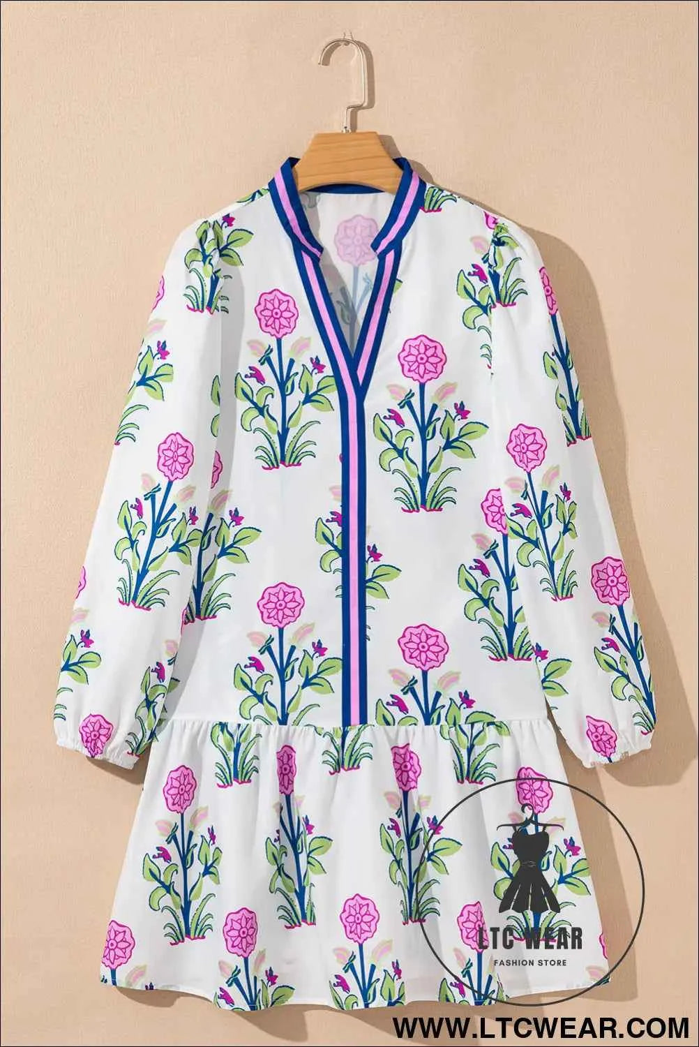 White Floral Print Contrast Striped Trim Notched Neck Long Sleeve Dress
