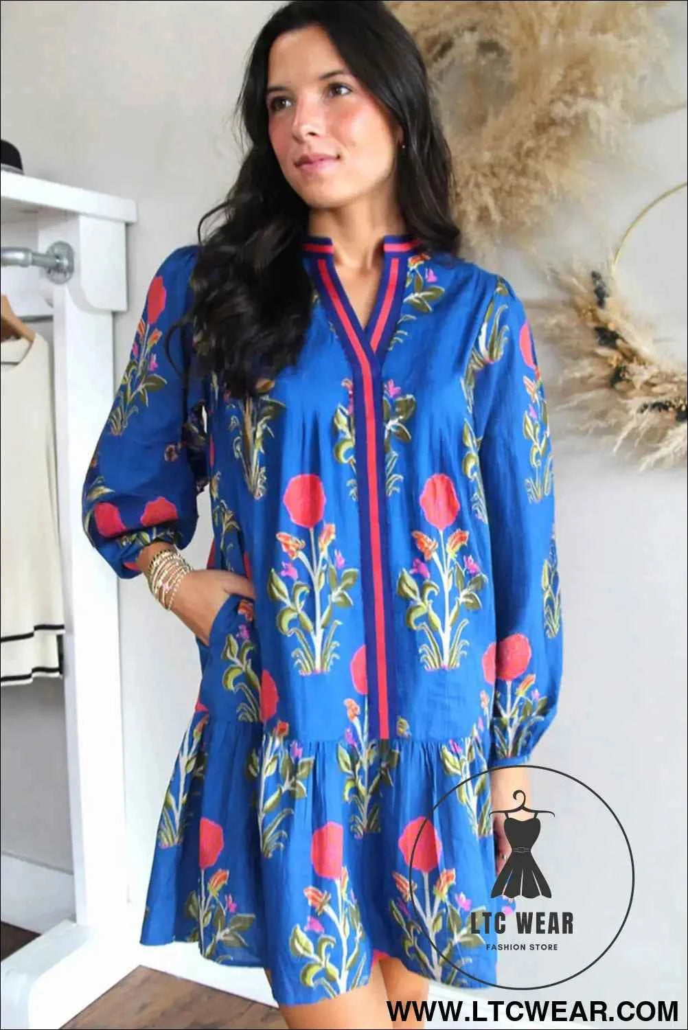 White Floral Print Contrast Striped Trim Notched Neck Long Sleeve Dress