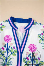 White Floral Print Contrast Striped Trim Notched Neck Long Sleeve Dress