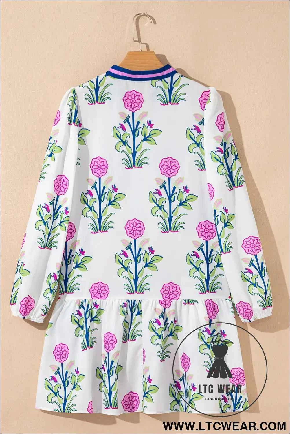 White Floral Print Contrast Striped Trim Notched Neck Long Sleeve Dress