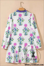 White Floral Print Contrast Striped Trim Notched Neck Long Sleeve Dress